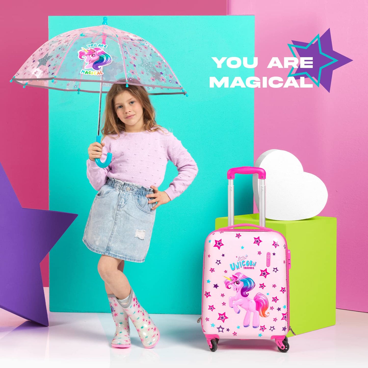 PERLETTI Unicorn Kids Suitcase Pink - Kids Trolley Carry-On Lightweight 4 Wheels and Combination Lock - Hard Shell Cabin Trolley for Girls - Travel Luggage Lufthansa Ryanair 51x35x20 cm (Unicorn Pink, XS)