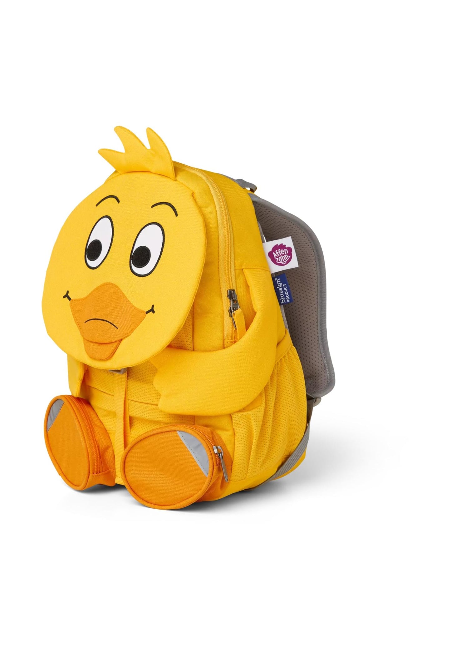 Monkey Big Friend Kids Backpack in the shape of the duck from the German TV show "Die Sendung mit der Maus", yellow, reflective, ergonomic, name on extendable tongue, 8 liters, size: 20 x 31 x 12 cm, AFZ-FAL-001-042