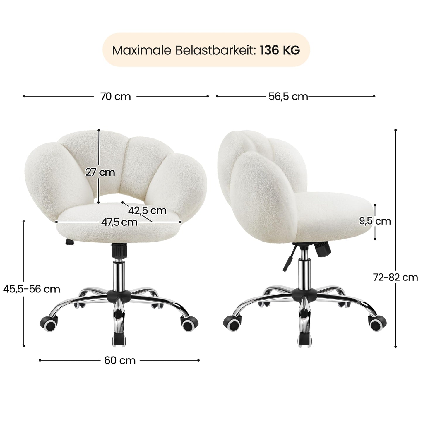 Yaheetech Cloud-shaped Office Chair Ergonomic Desk Chair with up to 136kg Capacity Adjustable Height Computer Chair for Bedroom Office Living Room White