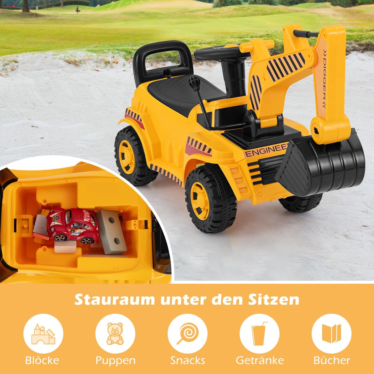 COSTWAY Ride-On Excavator for Kids, with Adjustable Shovel & Storage Space under the Seat, Excavator with Engine Sound & Tipping Protection, Ride-On Excavator for Children aged 1 year+