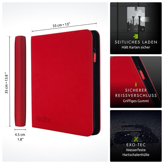 Vault X 12 XL Pocket Trading Card Binder with Zipper, 624 Cards, Premium Exo-Tec Album Material, 26 Side-Loading Pages, Collectors Binder for Trading Card Games, Sports Cards, TCG (Red)