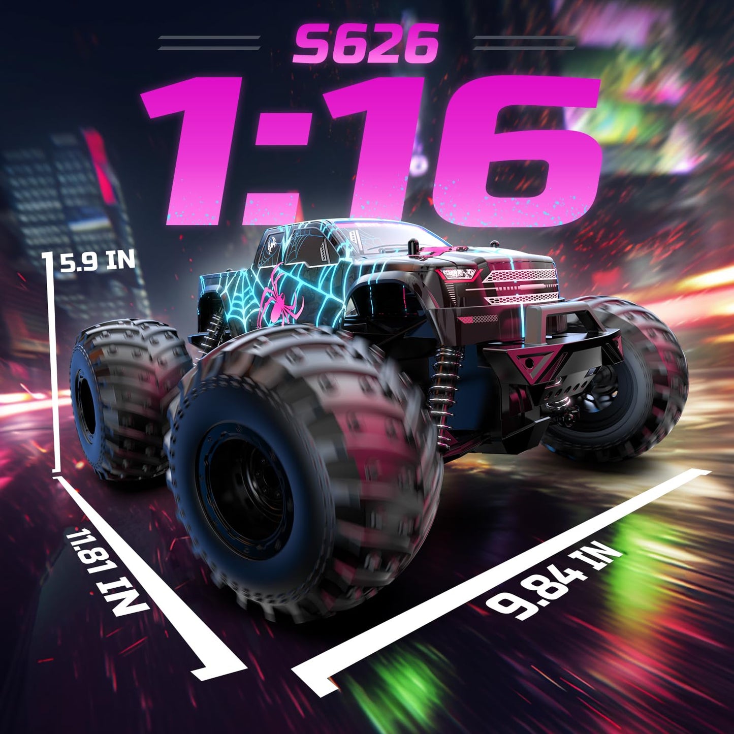 DEERC 1:16 Remote Control Car, Glow-in-the-Dark Spider Design RC Car, up to 15 km/h, 30 minutes playtime, All-Terrain 2.4GhZ Monster Spider Truck - Gift for Kids aged 6 7 8 9 years.