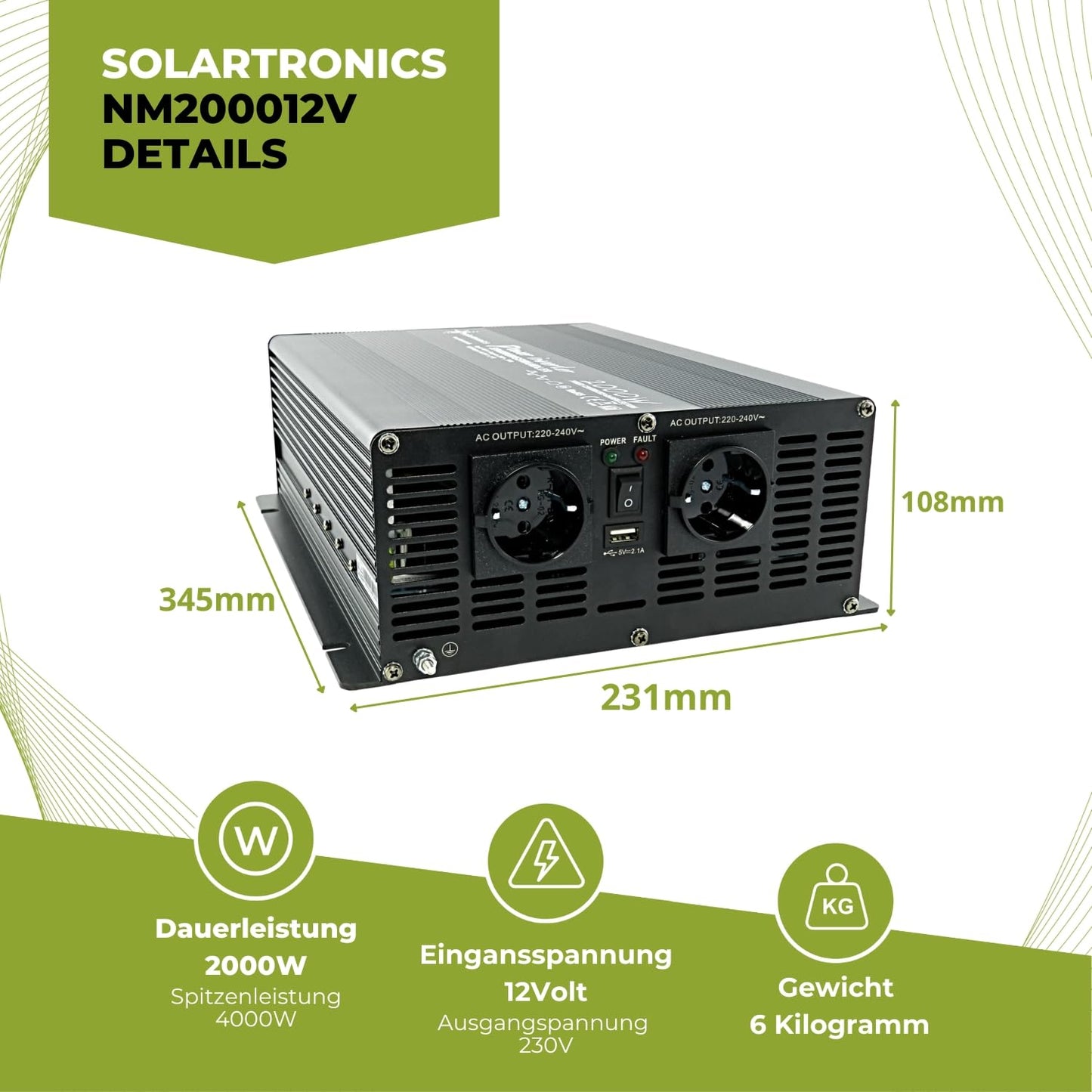 solartronics Voltage Converter Inverter NM 2000-4000 Watt 12V to 230V black USB Schuko Garden Camping RV (2000 Watt 12v - with 10m cable remote control)