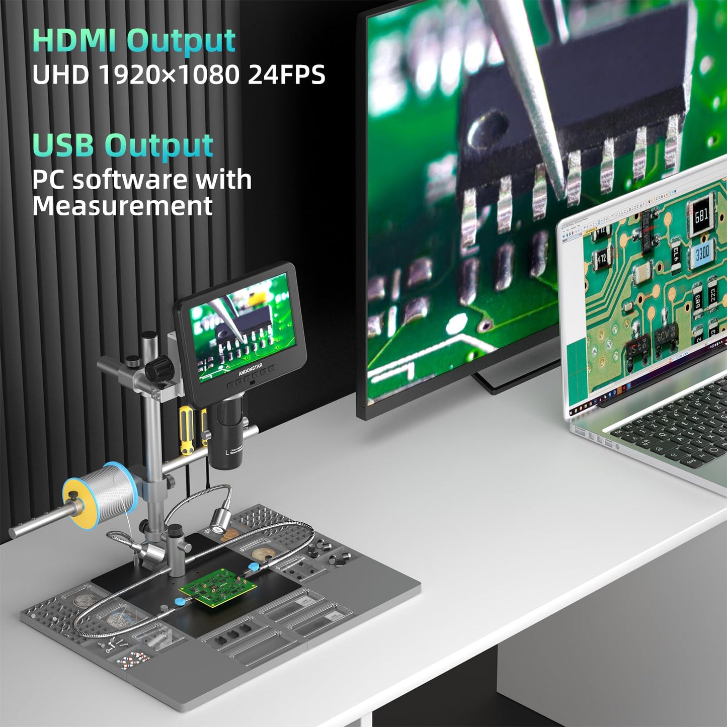 Andonstar AD246S-M Plus 7'' HDMI soldering digital microscope for electronics repairs, 2000x 3 lens 2160P UHD video recording, soldering microscope station with helping hands, coin microscope, 32GB card.