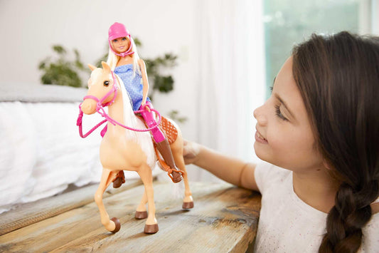 Barbie doll and horse toy, riding accessories, includes 1 doll and 1 horse, suitable as a gift for children aged 3 years and up, FXH13.