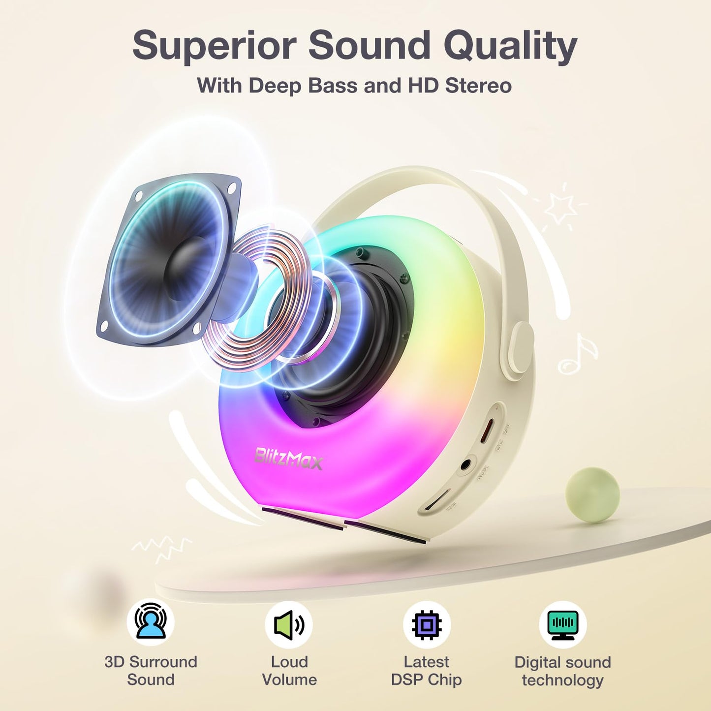 BlitzMax Kids Karaoke Machine Portable Bluetooth Mini Karaoke Speaker with 2 Microphones, Lights, and Sound for Girls Boys Adults Home Party Birthday Gifts (Beige)