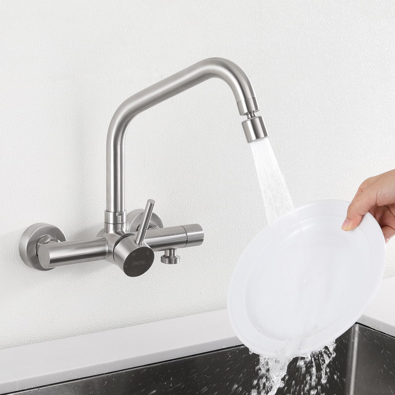 ONCE kitchen faucet in wall with 3/4 inch connection for dishwasher/washing machine, wall faucet with 2 spray modes, kitchen wall-mounted mixer tap, matte