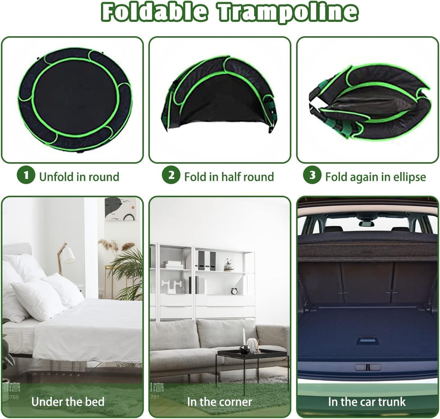 Trampoline Kids Indoor Outdoor Ø91cm, Mini Trampoline Jumping Fitness Trampoline Foldable Garden Trampoline with Handle and Safety Padding, Kids Trampoline for Boys Girls aged 3 years and up (Green)