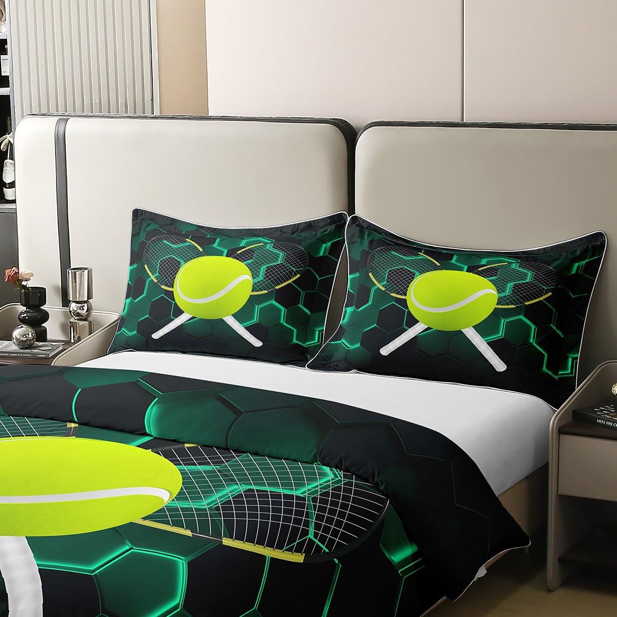 Richhome 135x200 duvet cover Tennis Sports 100% pure bedding set Tennis racket Green games bedding set Neon Honeycomb Hexagon comforter cover for room