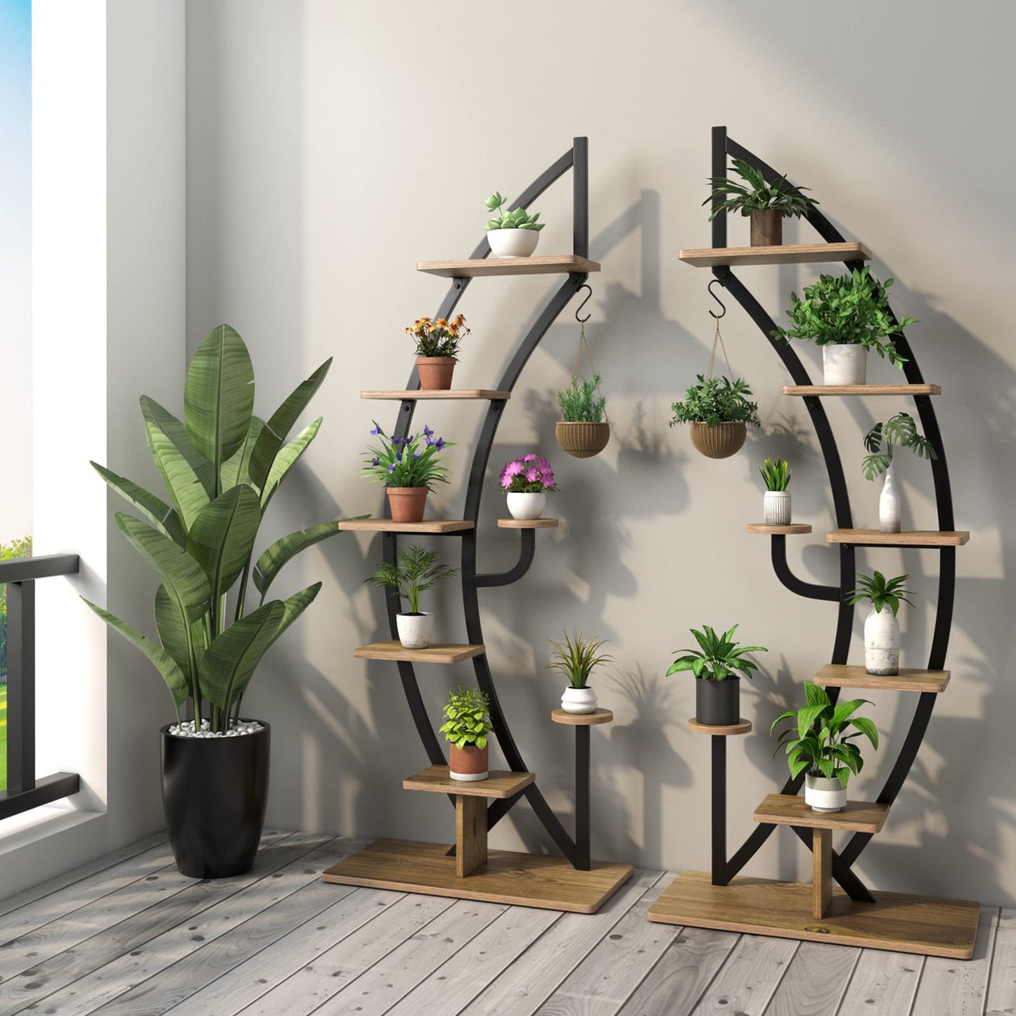 COMFOTTEU 5-tier Plant Stand, Metal Plant Pot, Plant Stand with Tilt Protection, Plant Holder with 7 Tiers & 1 Hook, Display Stand for Patio Garden Balcony, Black (2 Pieces)