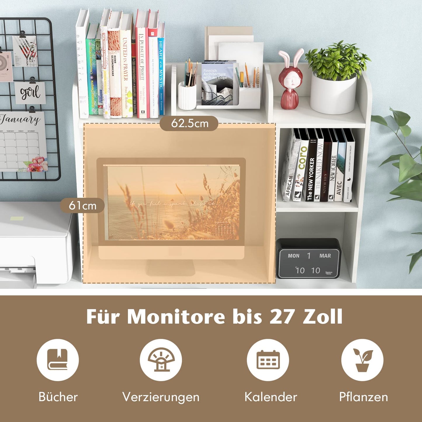 COSTWAY Desk Shelf, Table Shelf with 4 Shelves and Open Compartment, Storage System, Multi-Purpose Desk Organizer for Desk, 94 x 25 x 74 cm (White)