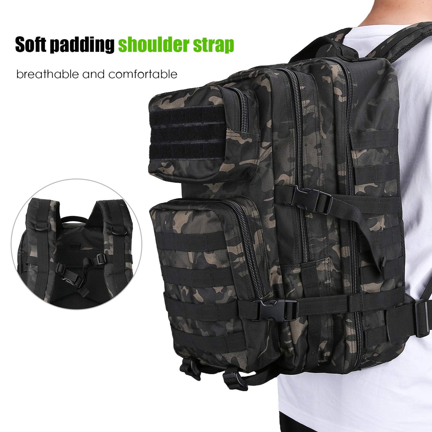 ProCase 40L Military Tactical Backpack, Large Capacity 3-Day Army Assault Pack Bag Go Bag Backpack for Hiking, Hunting, Trekking, Camping, and other Outdoor Activities - Camo Black
