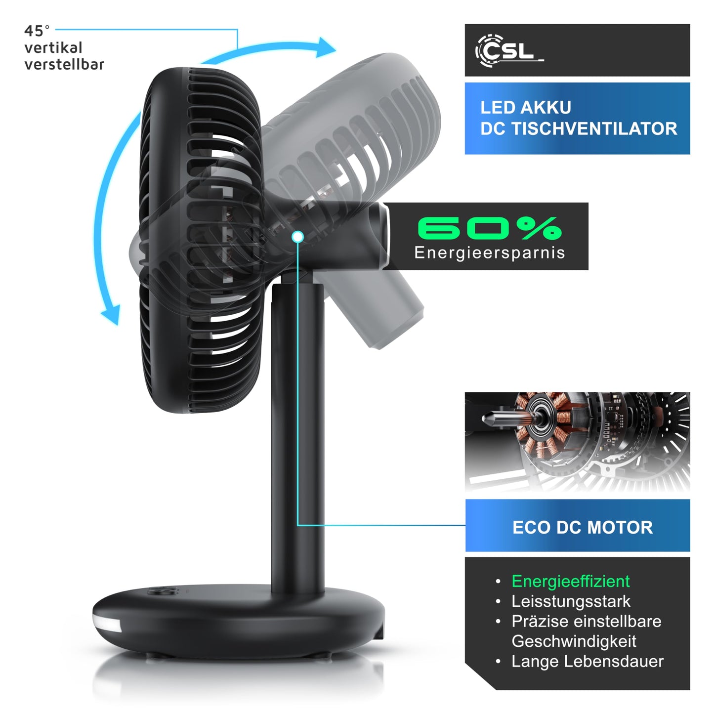 CSL - Table Fan with 2000 mAh Battery - USB Fan - Desk Fan - 3-speed - Energy Efficient - Very Quiet
