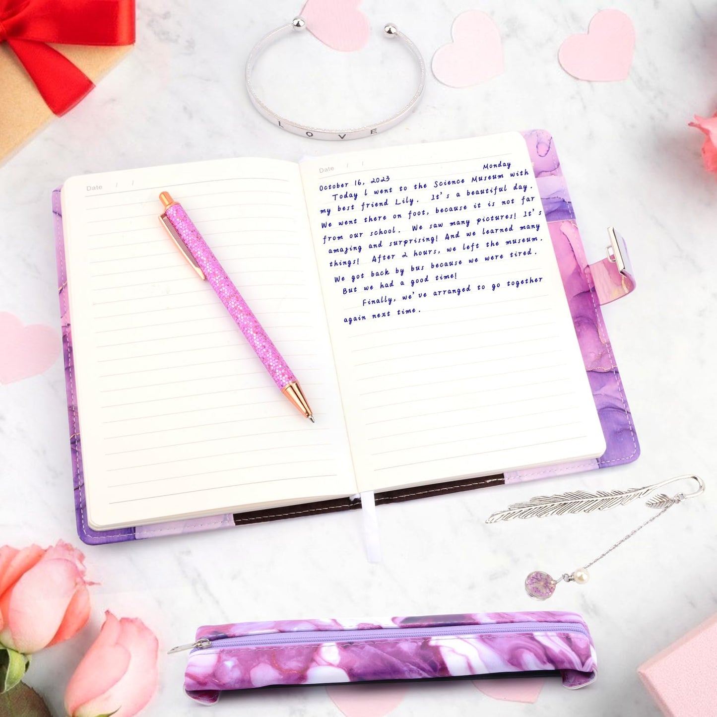 Gifts for girls 8 9 10 11 12 13 years, diary with lock girls, back to school birthday gifts girls age 7-14, notebook set with code school stationery pen pencil case enrollment