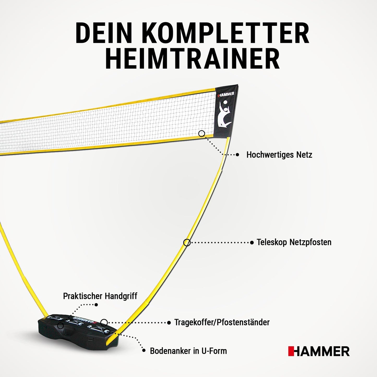 HAMMER 3 in 1 Net Set for Volleyball, Badminton & Tennis, fun for all ages, with carrying case/post stand, easy setup, quick to store and easy to transport.