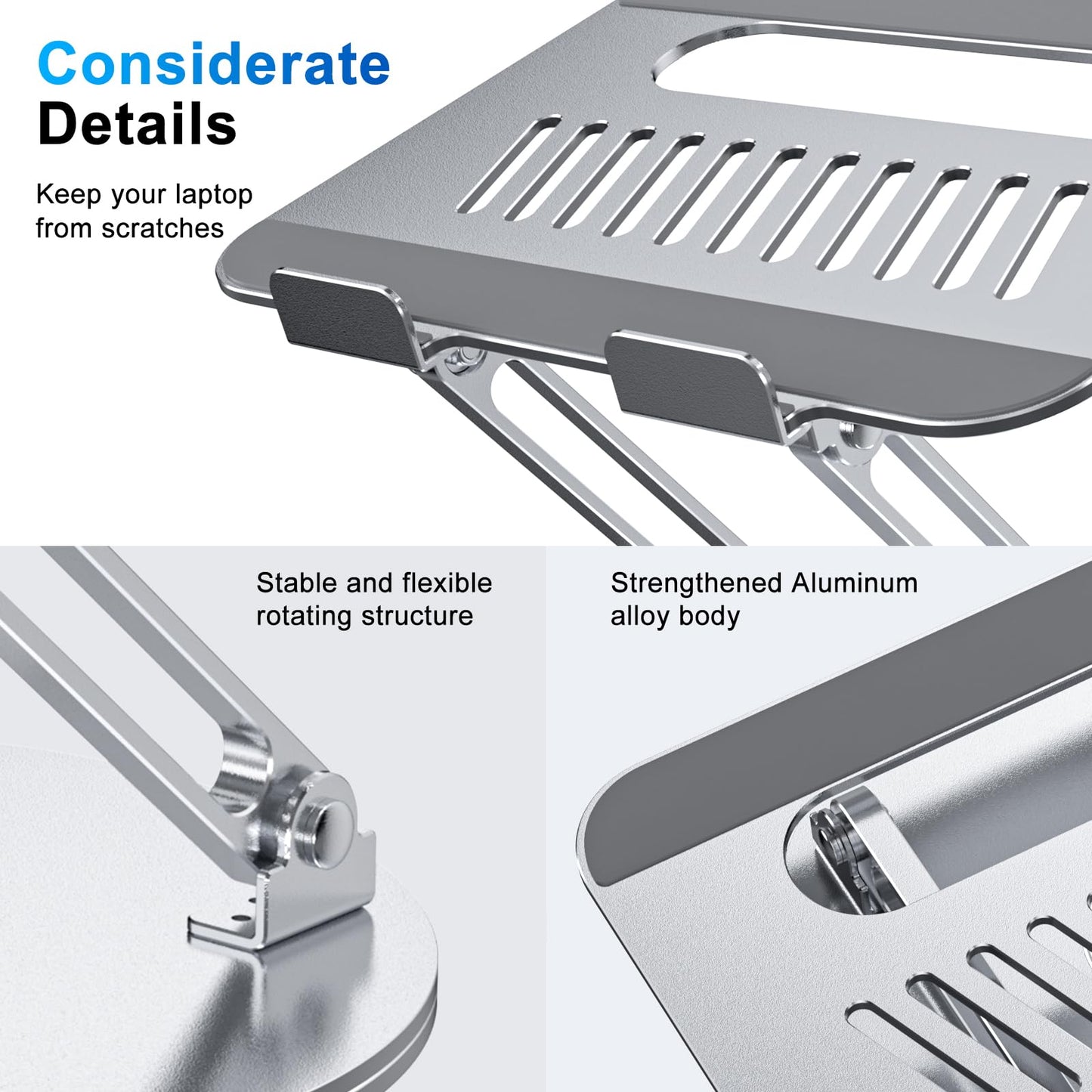 Height-adjustable, foldable laptop stand with ergonomic ventilation and 360° rotating base. Compatible with notebooks, MacBook Air/Pro, Dell, HP, and laptops ranging from 11-16".