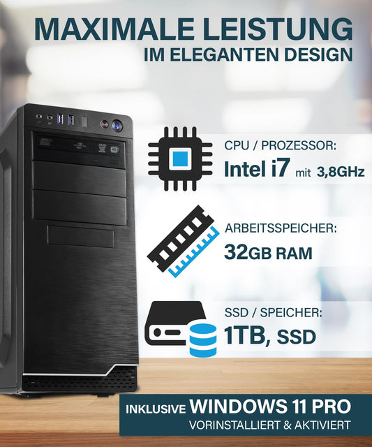 HYPER BYTE® Office PC - Computer with Intel Quad Core i7 at 3.9 GHz | 32GB RAM | 1TB SSD | Win 11 Pro | WLAN | DVD+RW | USB 3.0 | High End Office Tower-PC