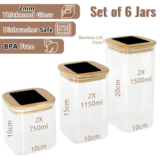 Without Stock Jars Glass 6-pack, 750ml/1150ml/1500ml Storage Jars with Lid Square, Large Glass Container Storage Jar with Wooden Lid, Storage Jars Kitchen for Pasta, Cereals, Beans, Cornflakes