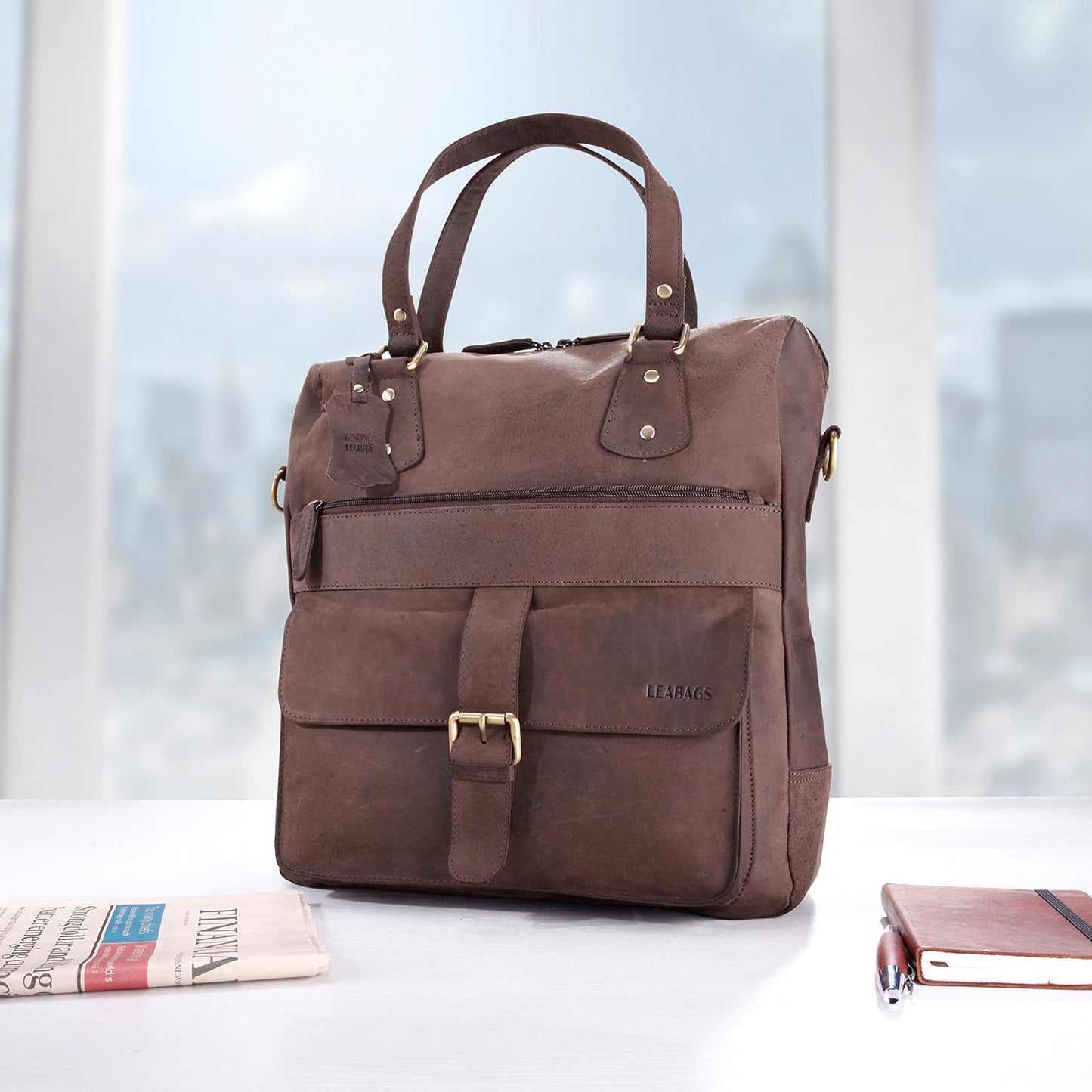 LEABAGS leather handbag for women I premium genuine leather shoulder bag I women's shoulder bag I women's bag I tote bag for work college school leisure I 36 x 37 x 10 cm I dark brown nature