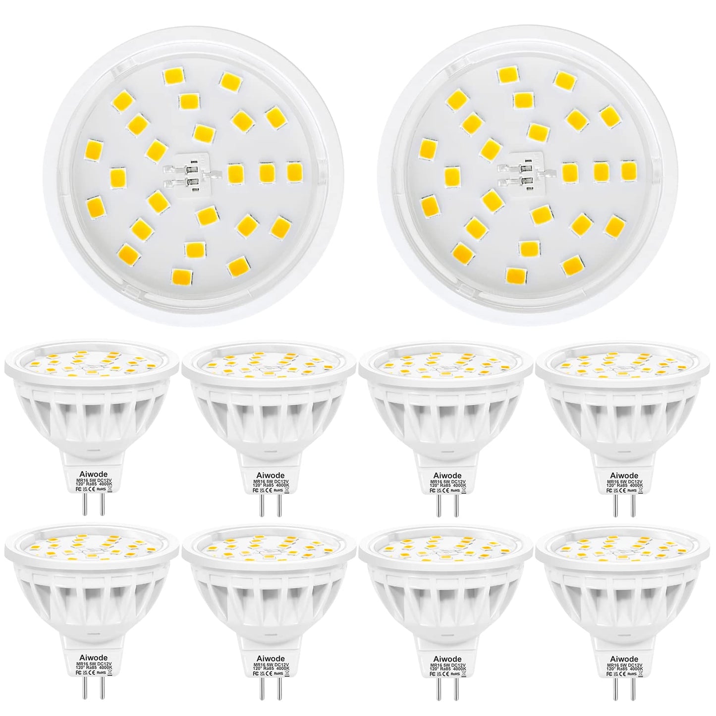 Aiwode GU5.3 MR16 LED Bulb, 5W Natural White 4000K, Replaces 50W Halogen Bulb, 600LM CRI85, 120° Beam Angle, DC12V Non-Dimmable Gu5.3 Spotlight, Pack of 10.