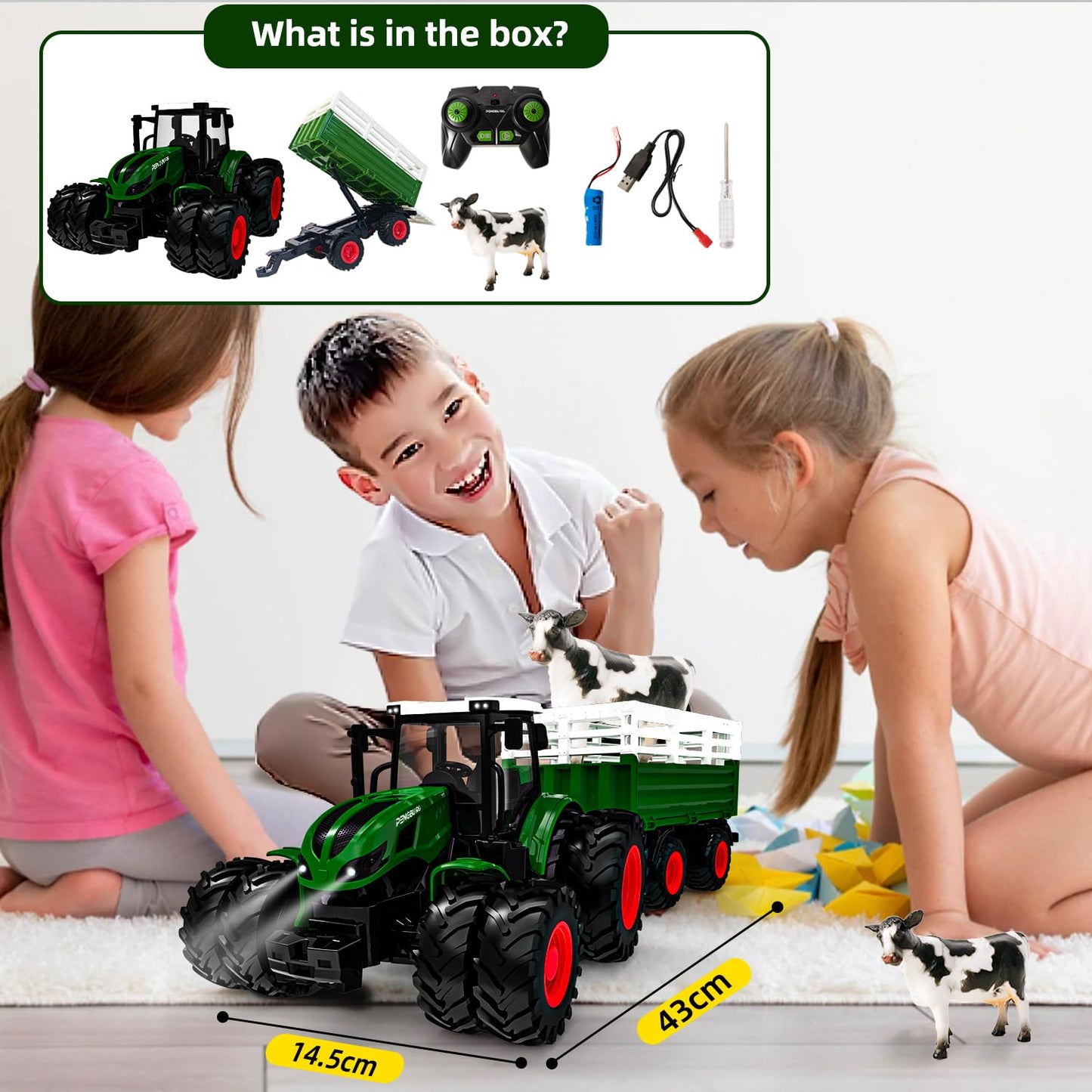 RC Remote Control Tractor with Trailer, lights and cow. Suitable for children 3 years and older. Great Christmas gift for kids.