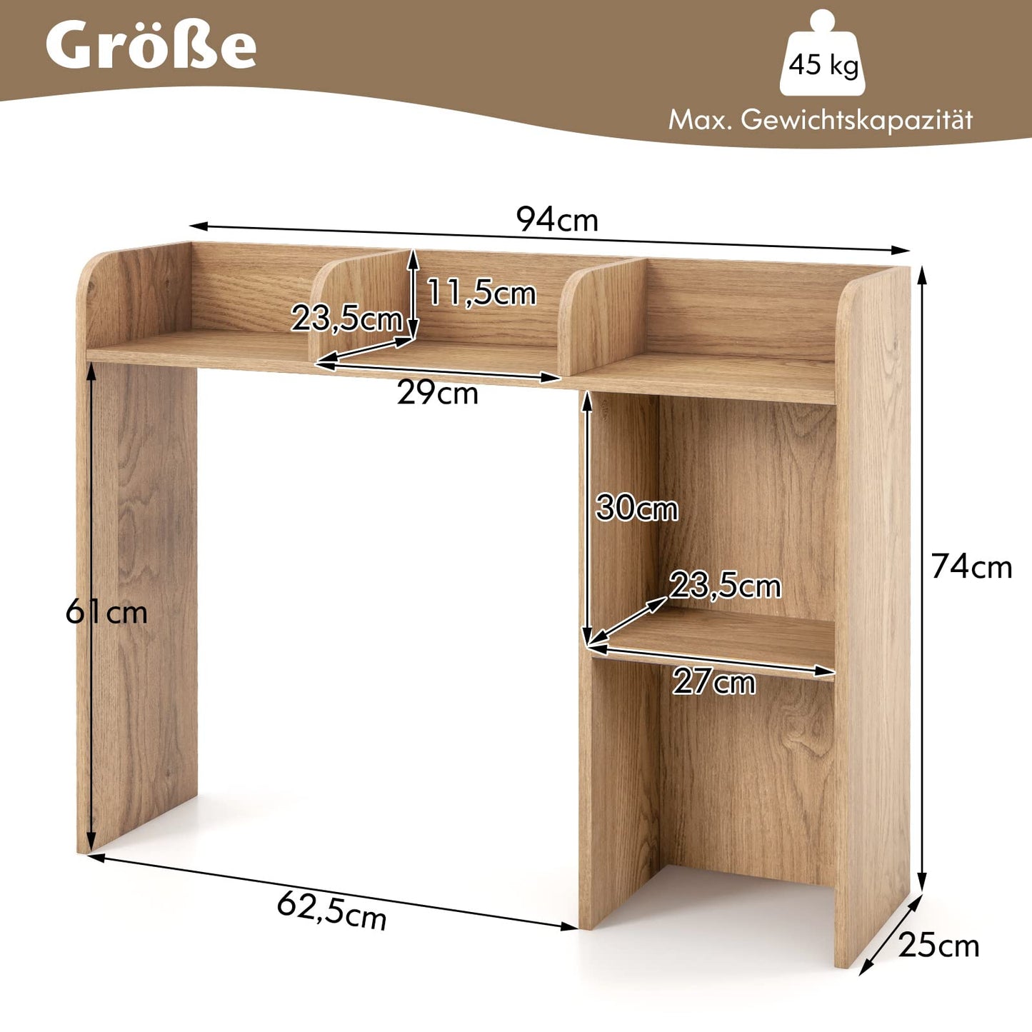 COSTWAY Desk Shelf, Table Shelf with 4 shelves and open compartment, storage system, multipurpose desk organizer, 94 x 25 x 74 cm (Natural)