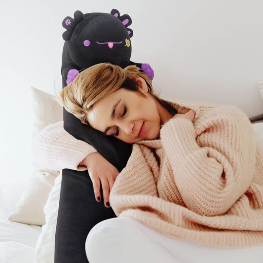 Mewaii Axolotl plush toy in black color, 110cm long. Made of soft fabric, great as a stuffed animal or cuddly pillow gift.