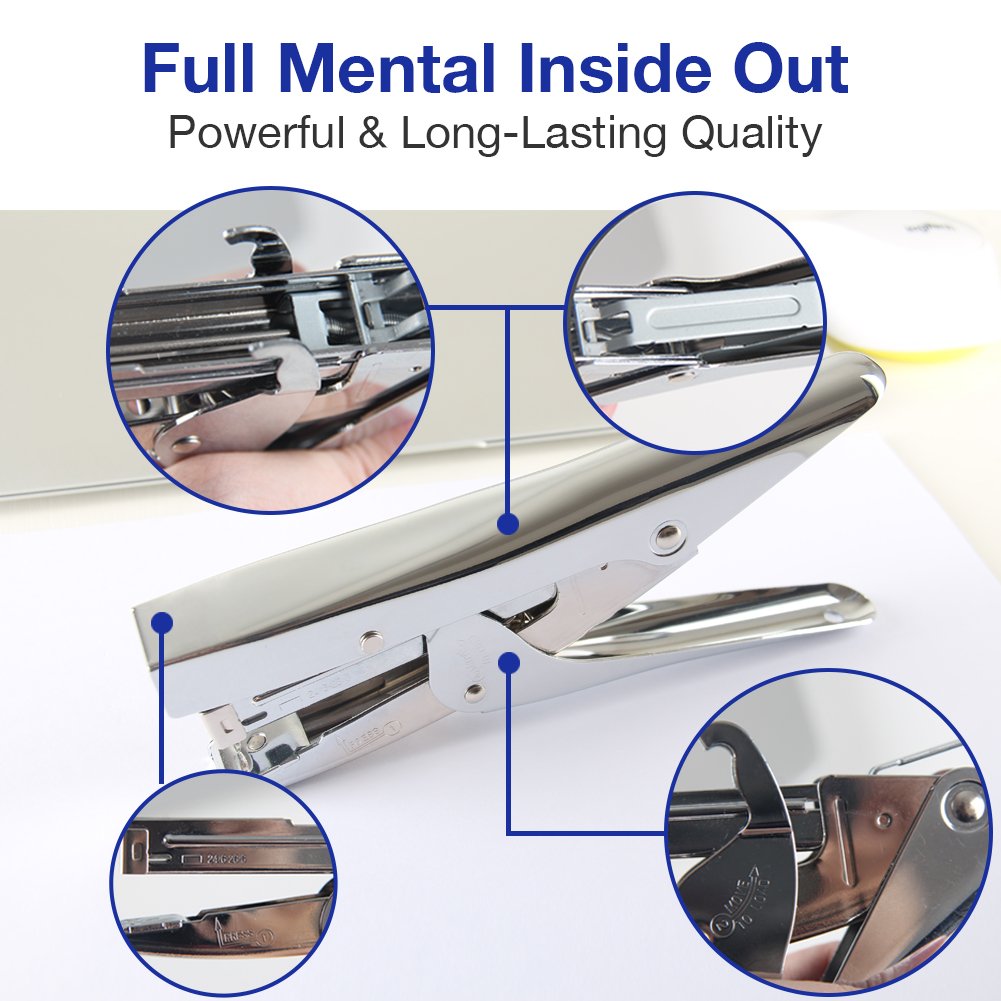 Metal stapler with 1000 staples and staple remover. 20 sheet capacity. Full office-size stapler.
