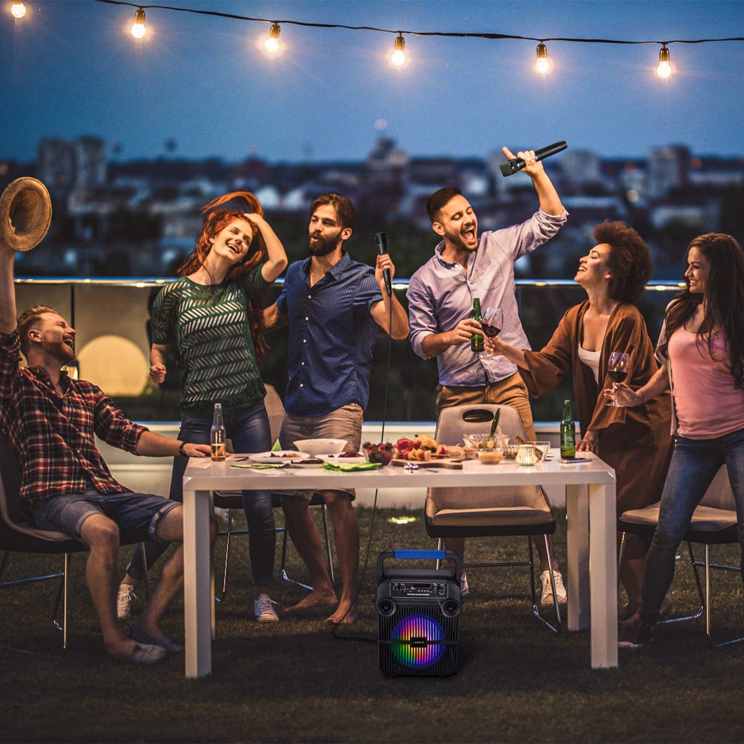 JAMELO Karaoke machine with 2 microphones, Bluetooth speaker with light effects, PA system supports TF card/USB/AUX IN, karaoke machine system for party/meeting/wedding/home KTV gift.