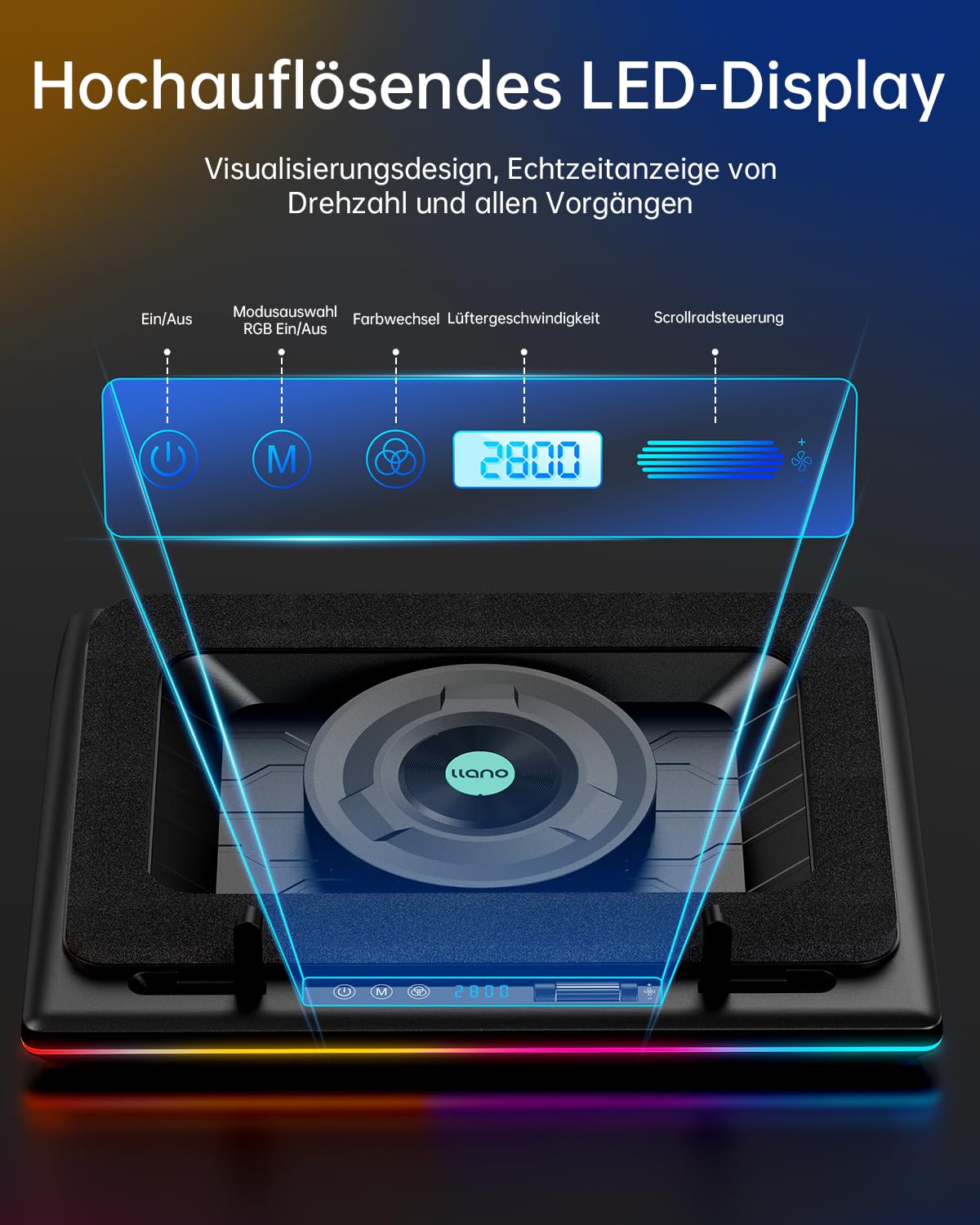 Llano RGB Gaming Laptop Cooler Cooling Pad with Touch Control Stepless Speed & 14cm Extra-Large Powerful Turbo Fan Sealing Foam 3-Port USB Hub for 15-19 Inch Notebook