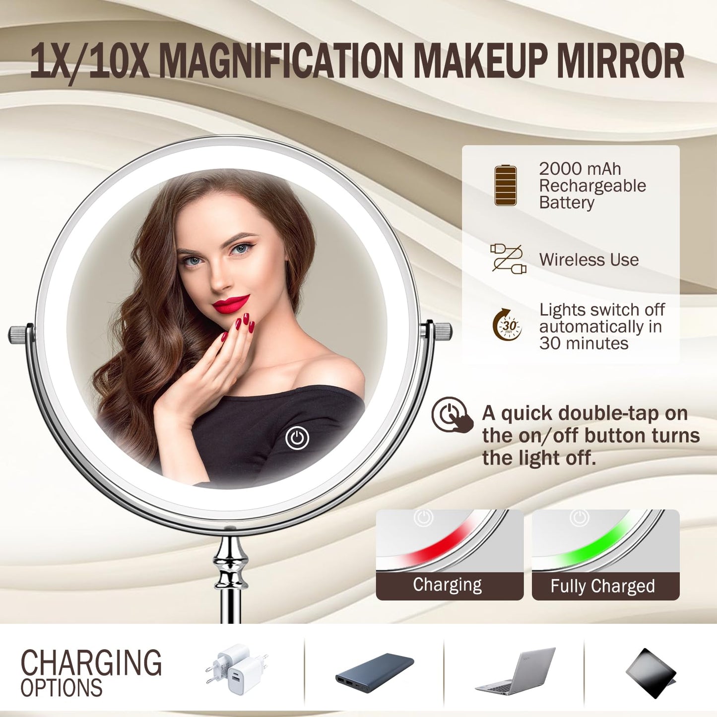 Amelar makeup mirror with lights, 1X/10X magnification, 2000mAh rechargeable battery, 3 colors dimmable, 360° swivel double-sided makeup mirror, tabletop mirror.