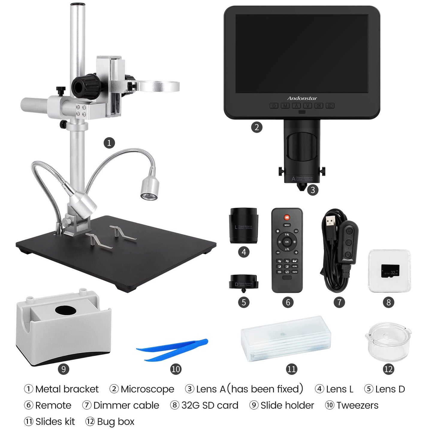 Andonstar AD246-M Digital Microscope, with 3 lenses, 1080P FHD video recording, 7-inch LCD 500x, soldering microscope, biological microscope kit with 32G card, prepared slides.