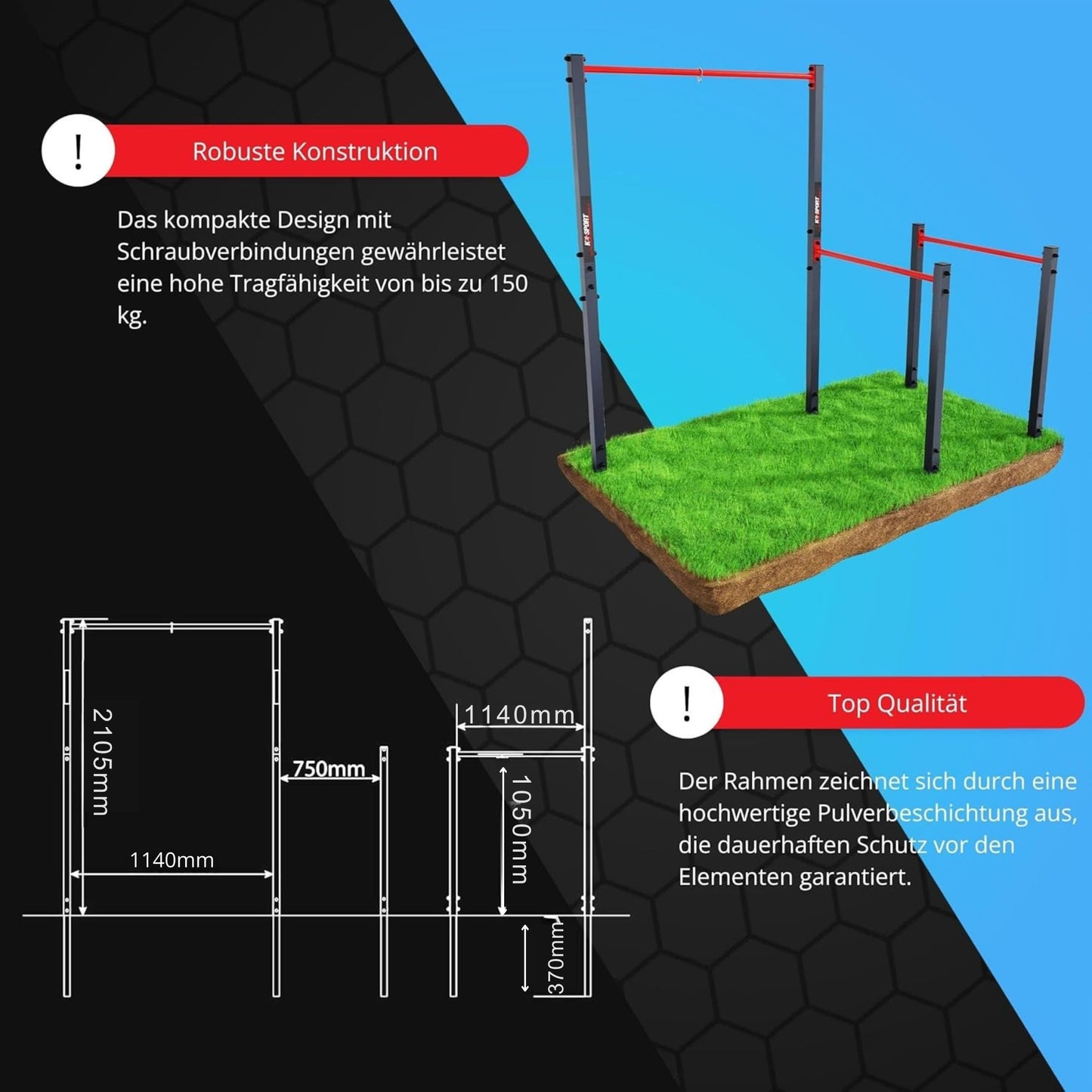 K-Sport: Stationary Outdoor Pull-Up Bar + Dip Station I Weatherproof Strength Station with Pull-Up Bar & Dip Bar I Pull-Up Dip Station, incl. E-Book