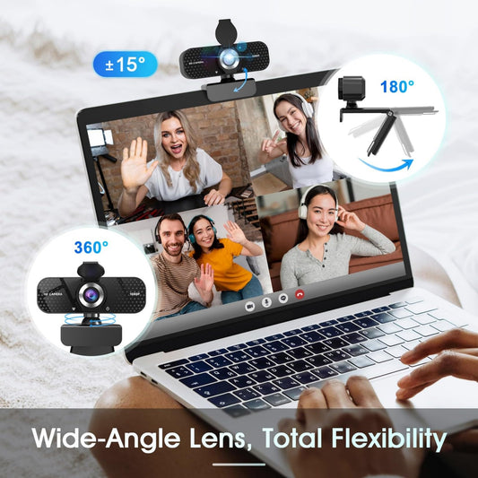 TRAUSI 1080P HD webcam with microphone, noise reduction, privacy cover, wide angle lens, auto light correction, plug & play USB webcam for laptop, desktop, PC, Mac, Zoom, Skype, streaming, black.
