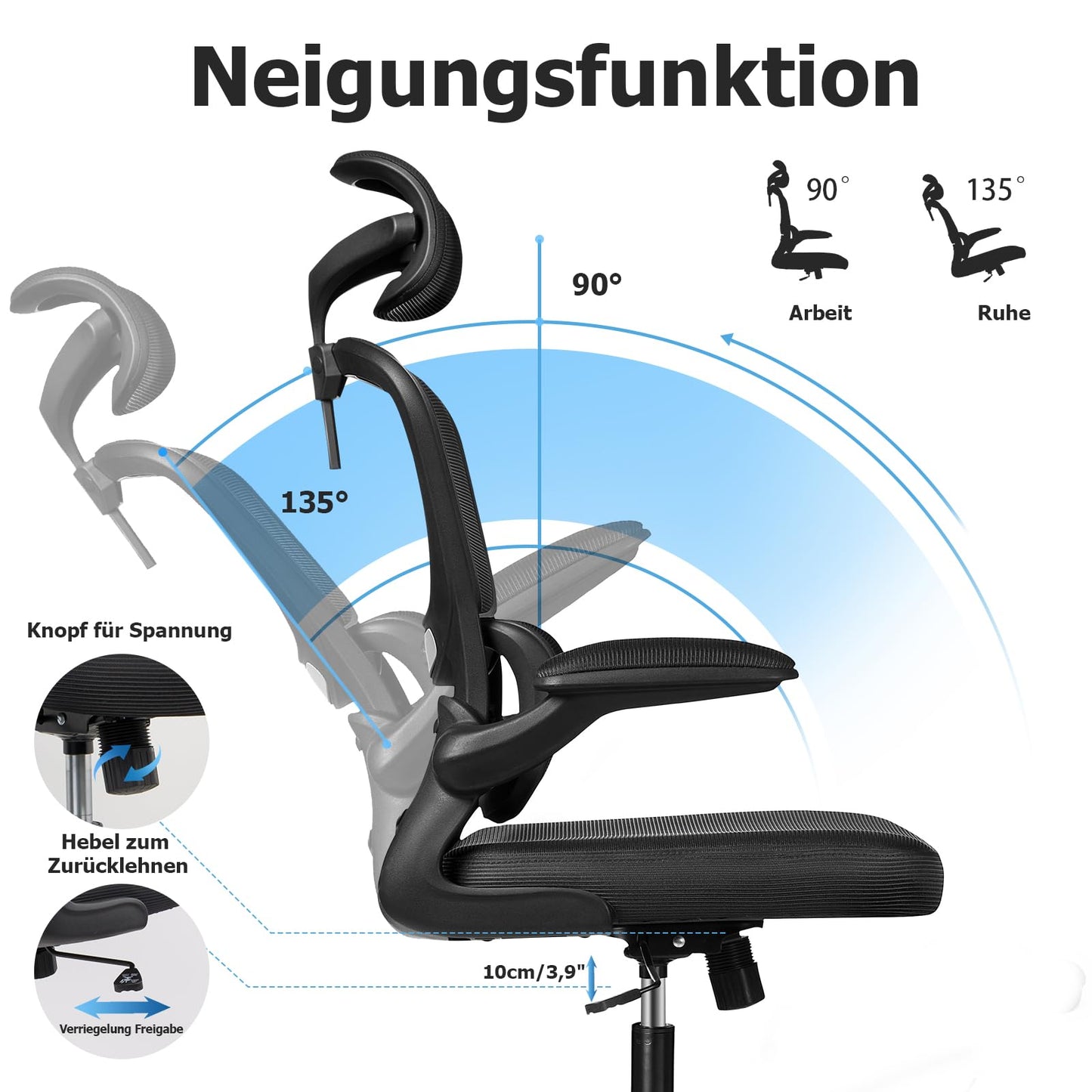 Razzor Ergonomic Office Chair with Adjustable Headrest, Lumbar Support, Mesh Computer Chair with Flip-Up Armrests, Executive Chair with Tilt Function 90°-135°