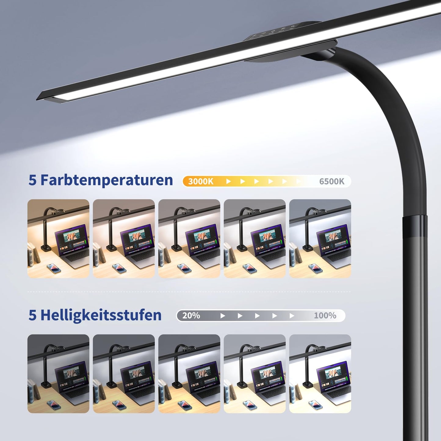 Kary LED desk lamp dimmable, 24W 80cm 1800 lumens super bright desk lamp for work, office, eye protection daylight lamp, touch control 5 color temperature & brightness levels, black