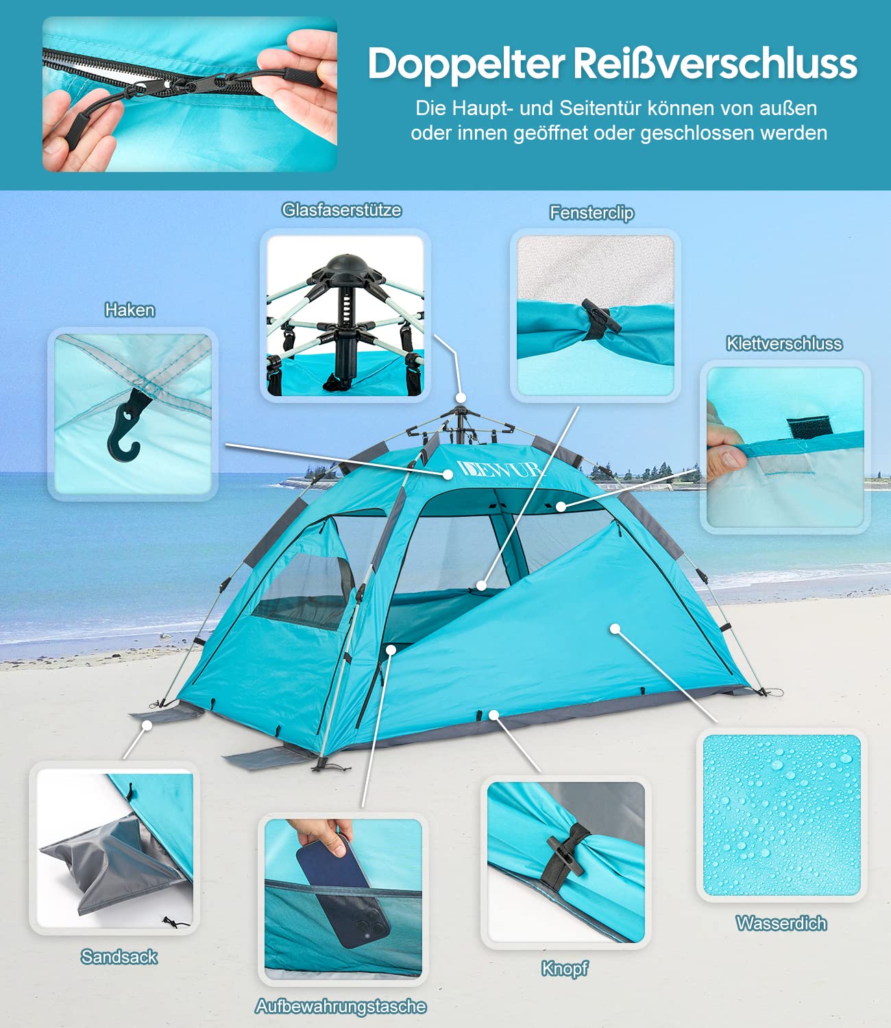 Dewur Beach Tent 2-4 People Pop Up Beach Shelter UPF 50+ UV Sun Protection Waterproof for Family Beach Camping Garden, Blue