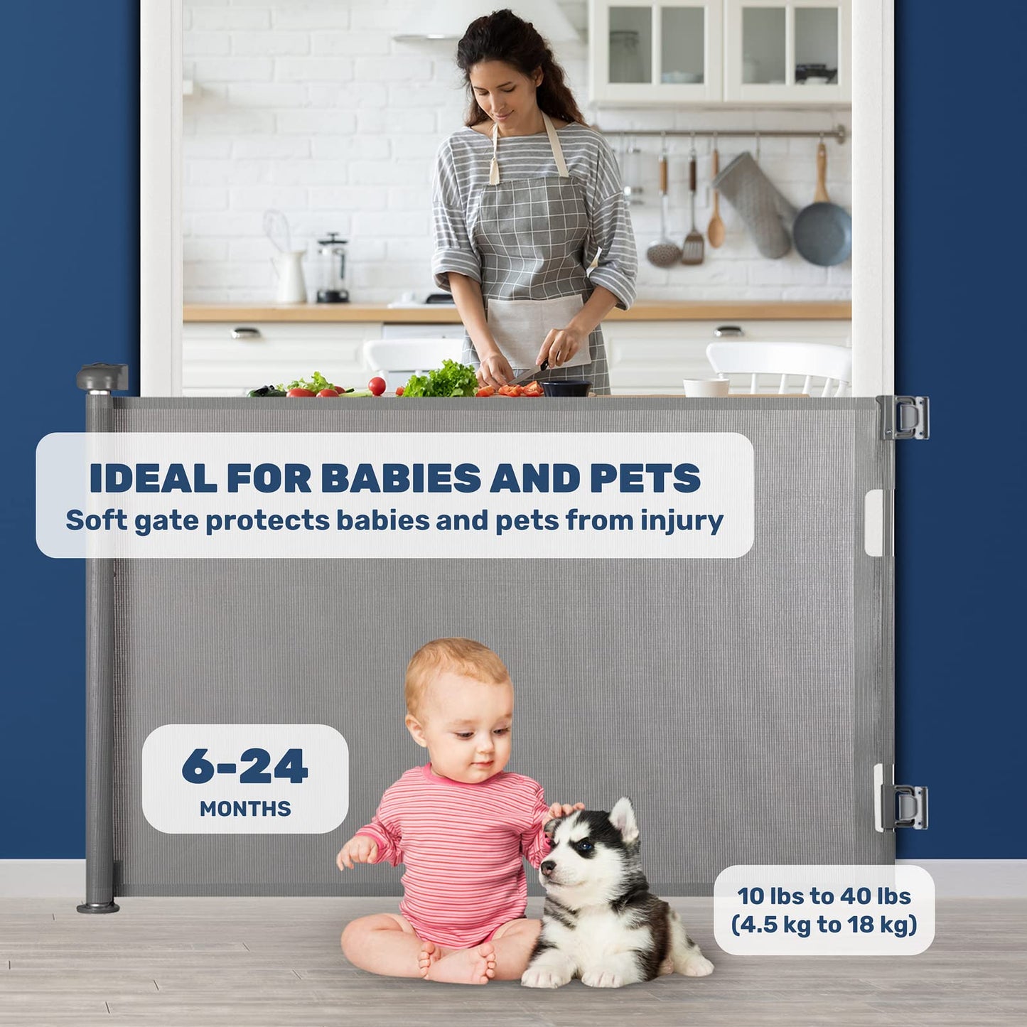 HollyHOME Retractable Stair Gate 0-180cm, Extra Wide Baby Gate, One-Hand Operation, Door Gate for Babies and Pets, Child Safety Gate, Mesh Gate for Stairs, Doors, Hallways, Grey.