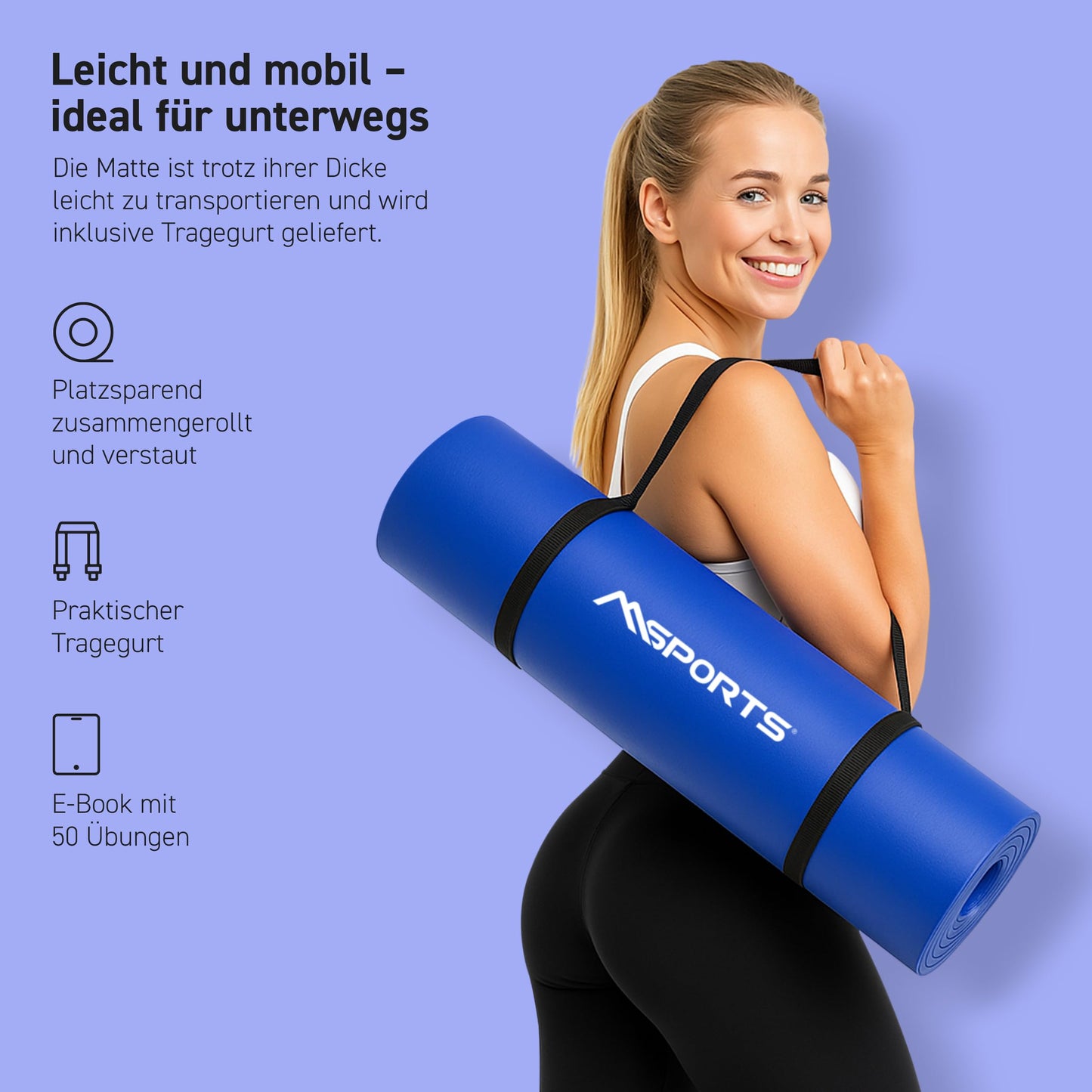 MSPORTS Gymnastics Mat Premium incl. carrying strap + exercise poster + workout app I skin-friendly fitness mat 190 x 60 x 1.0 cm - royal blue - phthalate-free yoga mat