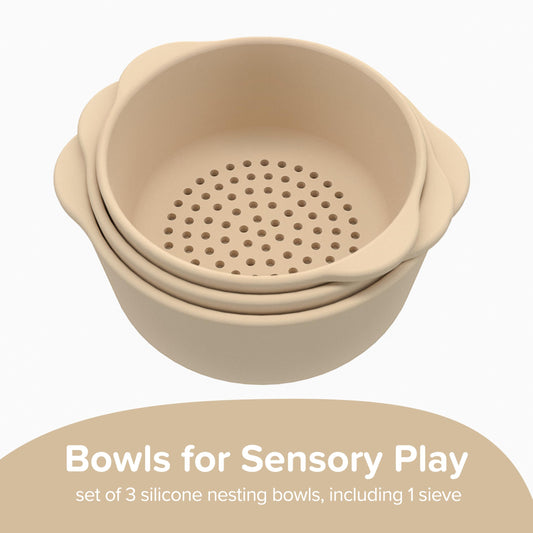 Inspire My Play - 3 x Nature Stackable Silicone Bowls and Sieve - Perfect accessory for Sensory Play Tray - Accessories for Tuff Tray - Toys for Early Development & Activity Play.