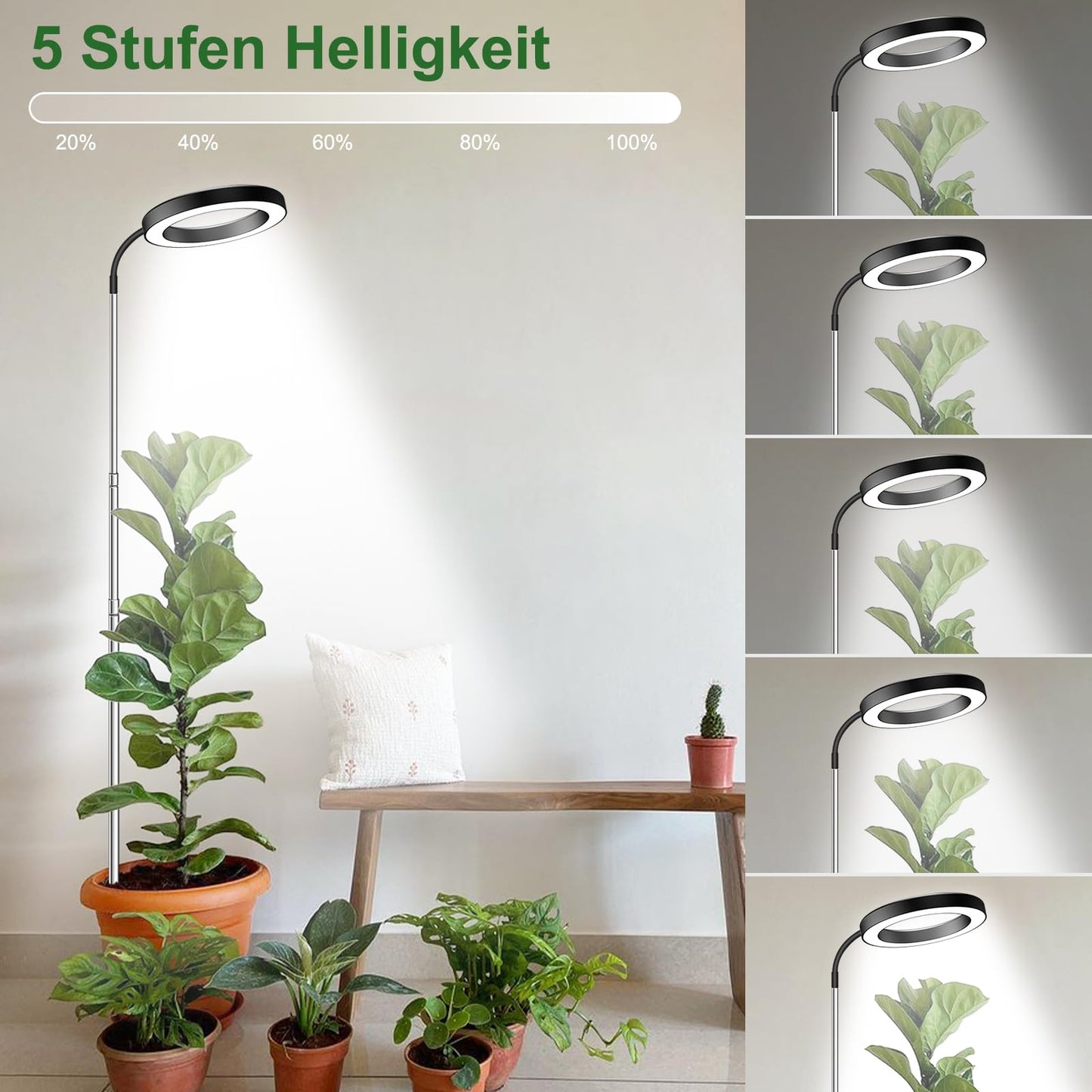 Wolezek LED Full Spectrum Plant Lamp, 80 LEDs 6500K Grow Light, 160cm Large Grow Lamp, 3 Colors Plant Light with 360° Swivel Neck, 6/12/16H Timer, 5 Brightness (Black 2 Pack)