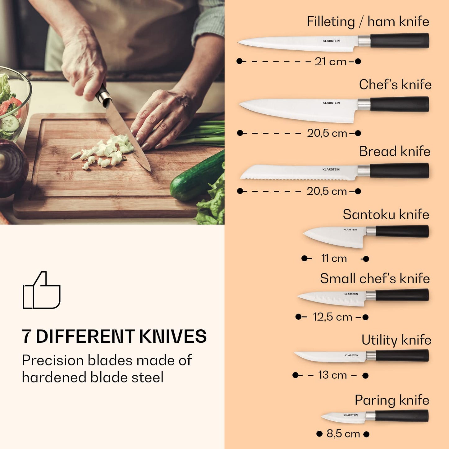 Klarstein knife block with 7-piece set, 7 kitchen knives & wooden block, sharp steel, scratch-resistant, Japanese-inspired knife set with block for professional chefs.