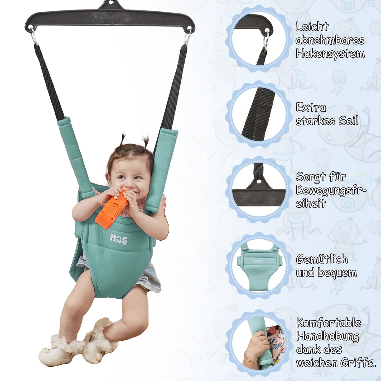 MOAS SHOP® Door Jumper Baby: Door Swing Baby, Baby Jumper, Age 4-24 months, Max Capacity 13kg, Ergonomic Seat with Harness, Adjustable Height, Door Frame Swing, Steel Anchor, Wipeable | Turquoise |