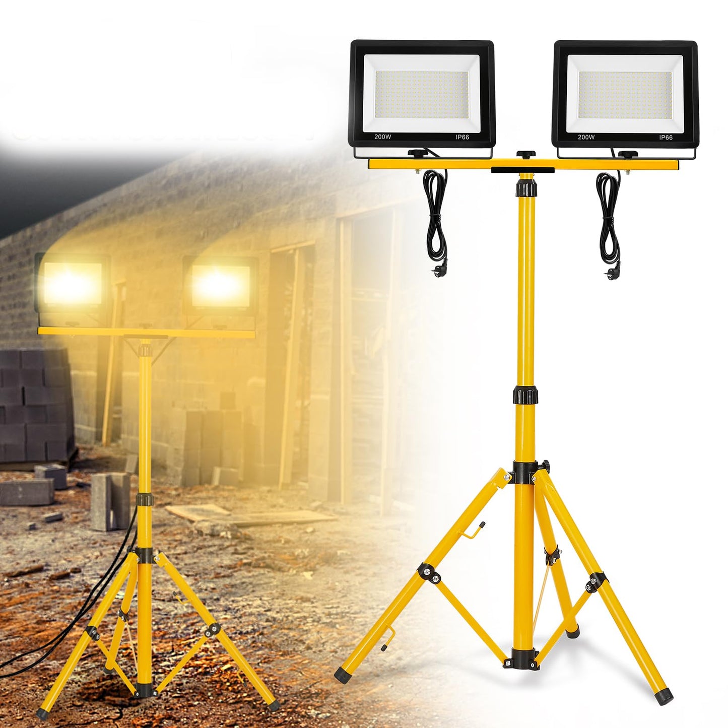 FIVMEN construction spotlight 2x200W 16000LM LED light with tripod and 3m cable plug work lamp floodlight waterproof IP66 for garage workshop construction site, warm white