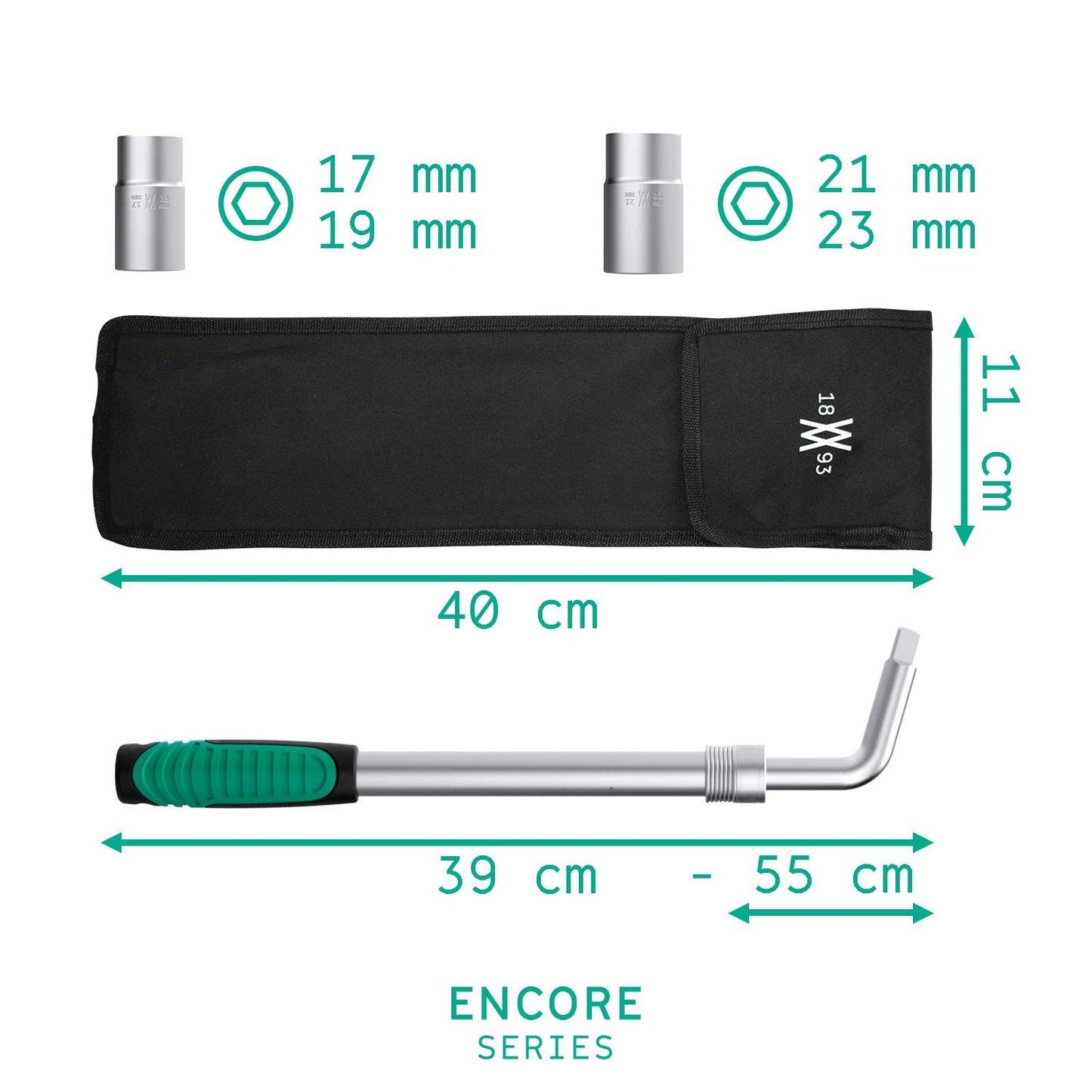 Wiha 1893 Telescope Wheel Nut Wrench Set 4pcs. With 17/19mm and 21/23mm sockets and extendable tire wrench I 0.5-inch drive I includes storage pouch I 80249