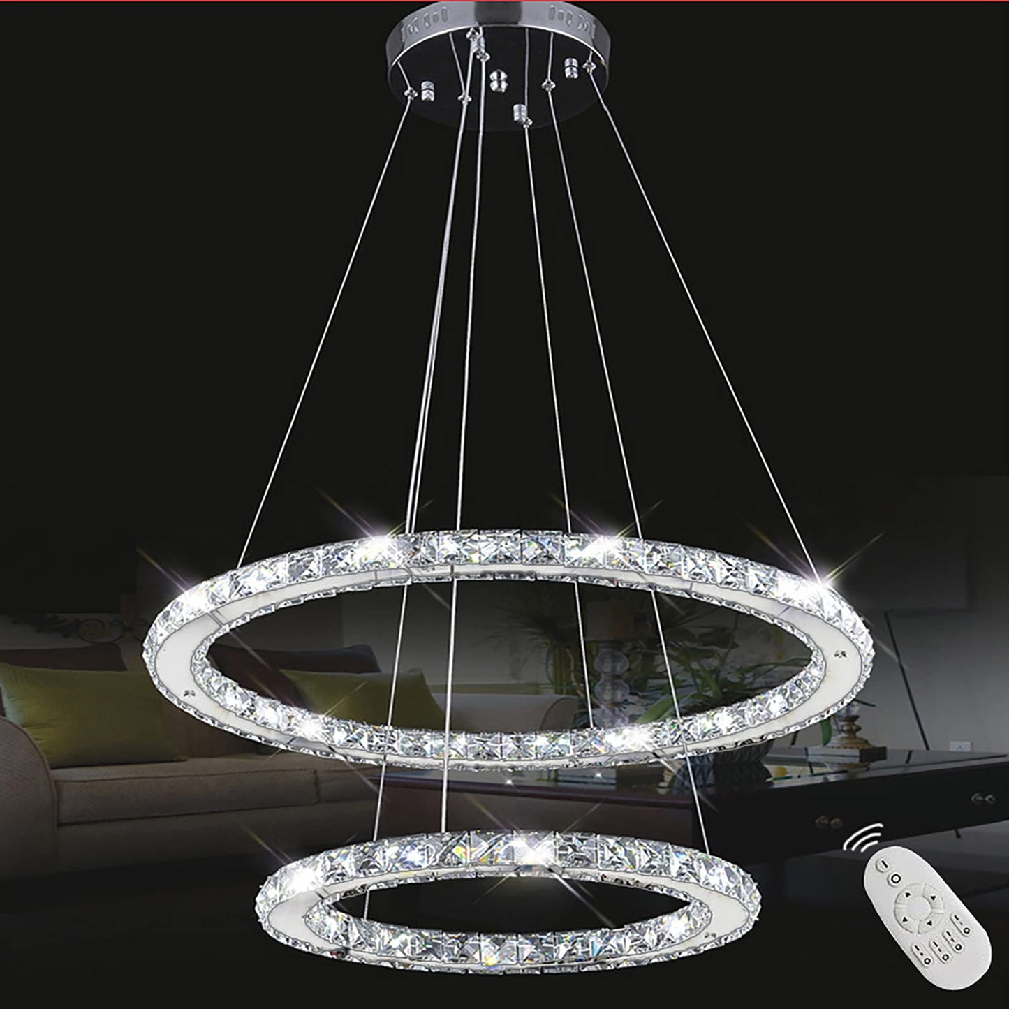 Onforu 48W Modern Crystal LED 2 Ring Design, Creative Chandelier Pendant Light for Bedroom Living Room Dining Room (Dimmable, 48W)