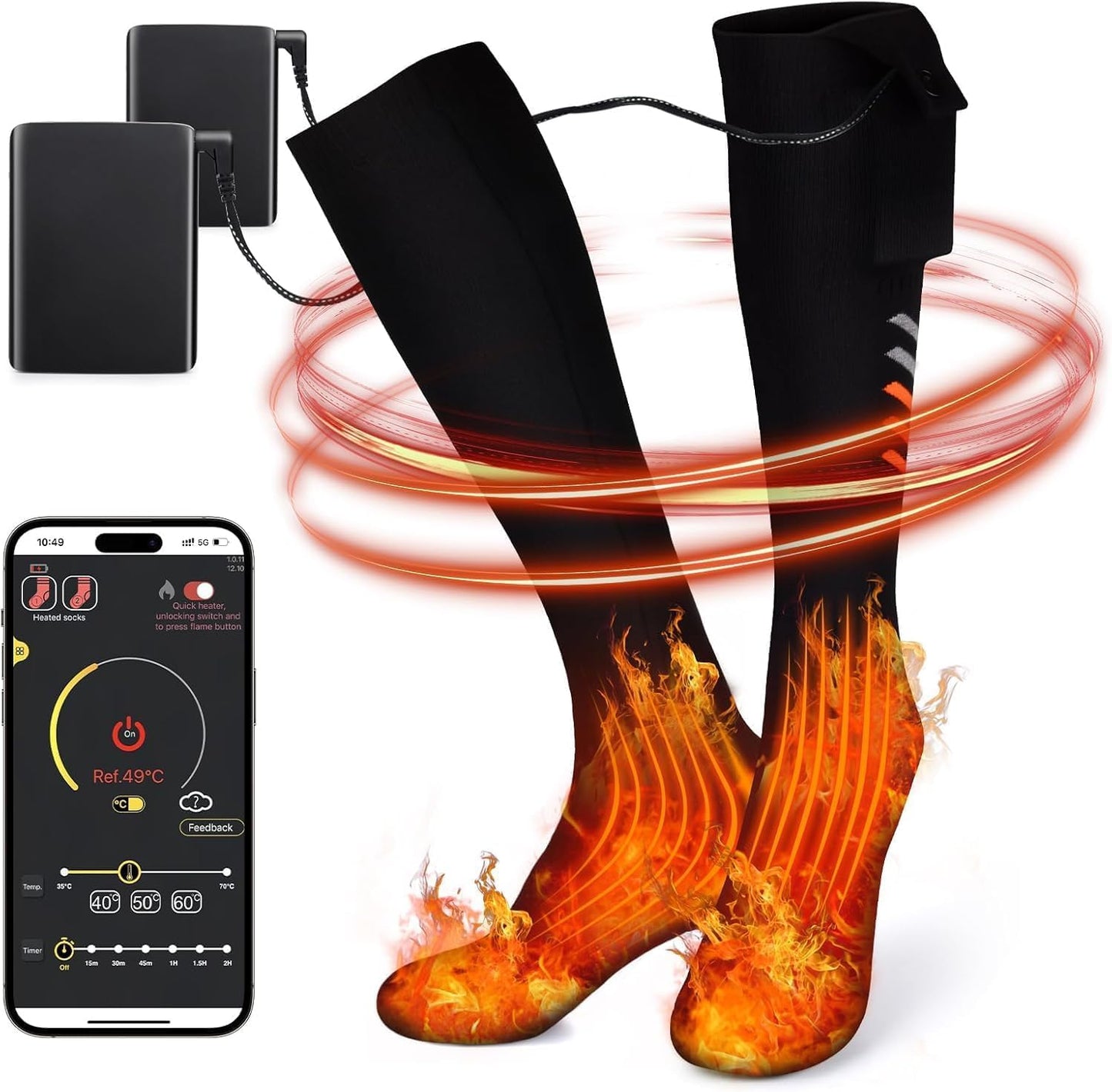 Heated socks, APP Smart Electric Warm Socks 2X5000mAh Heated Ski Socks Thickened Rechargeable Heated Socks, 360° warmth in the forefoot area Winter foot warmer Warm socks For Men Women