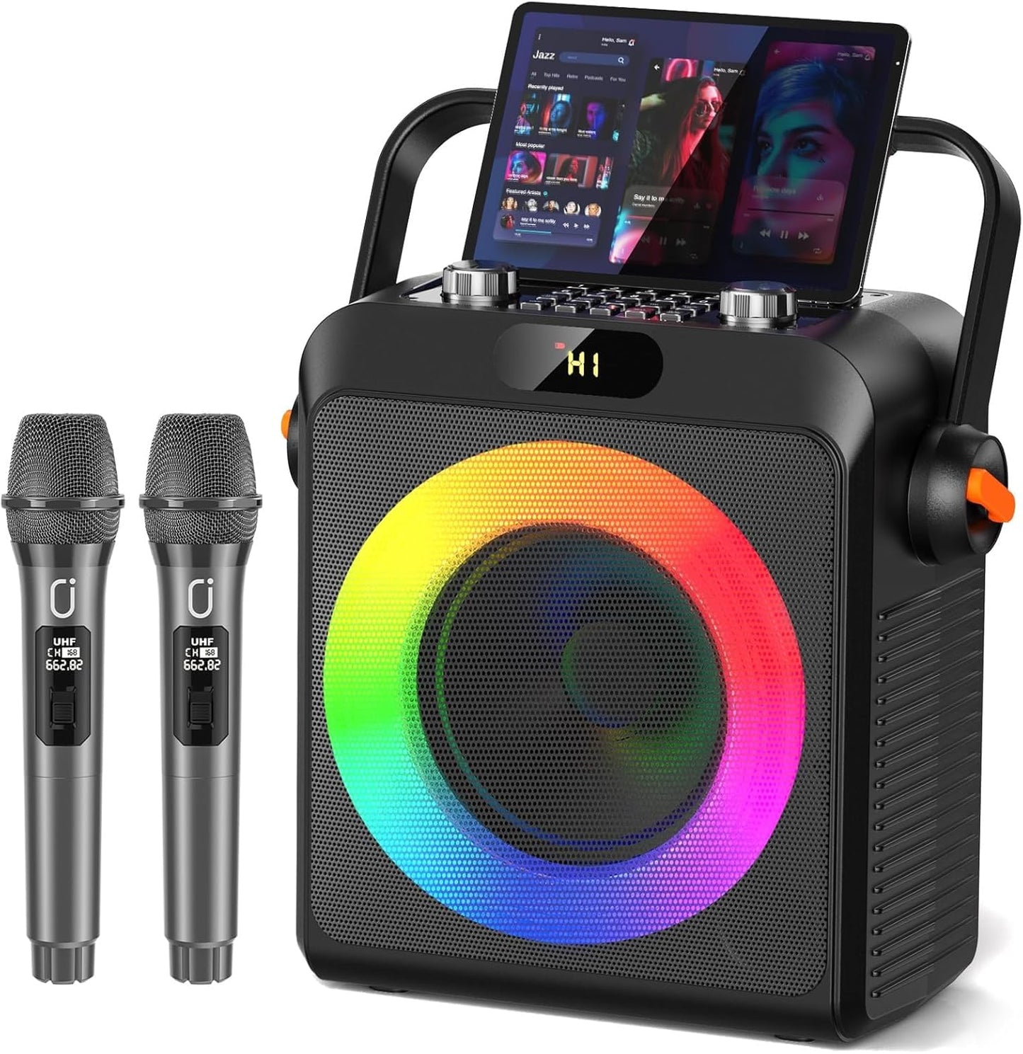 JYX Karaoke with 2 microphones, Bluetooth karaoke speaker, and DJ lights for adults and kids. PA system with microphone, karaoke, portable, for home and outdoor parties.