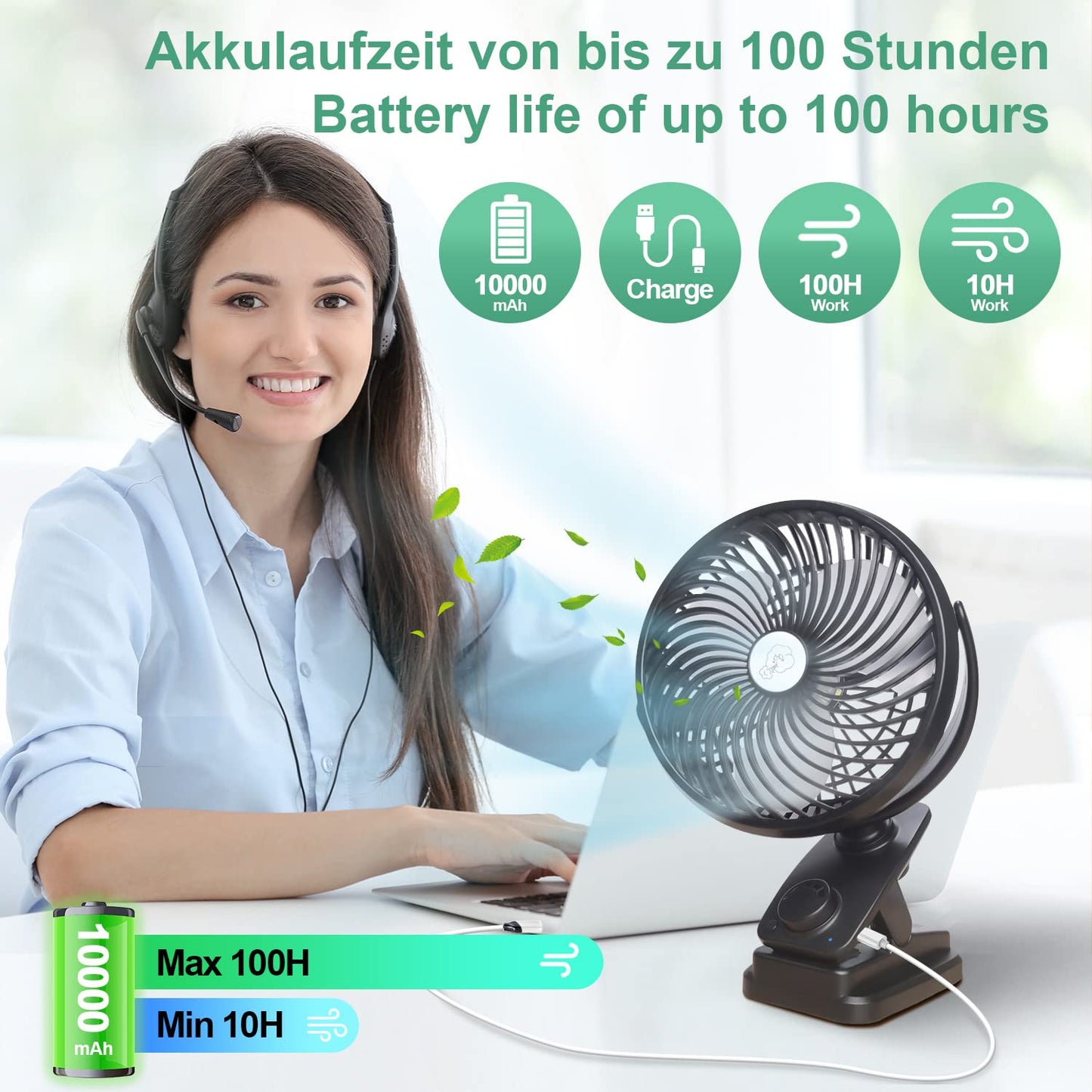 Oscillation table fan 10000mAh Mini USB fan Stepless speed, Quiet clip fan with LED light, Portable hanging hook camping clip fans 100 hours rechargeable, Ø 18 cm