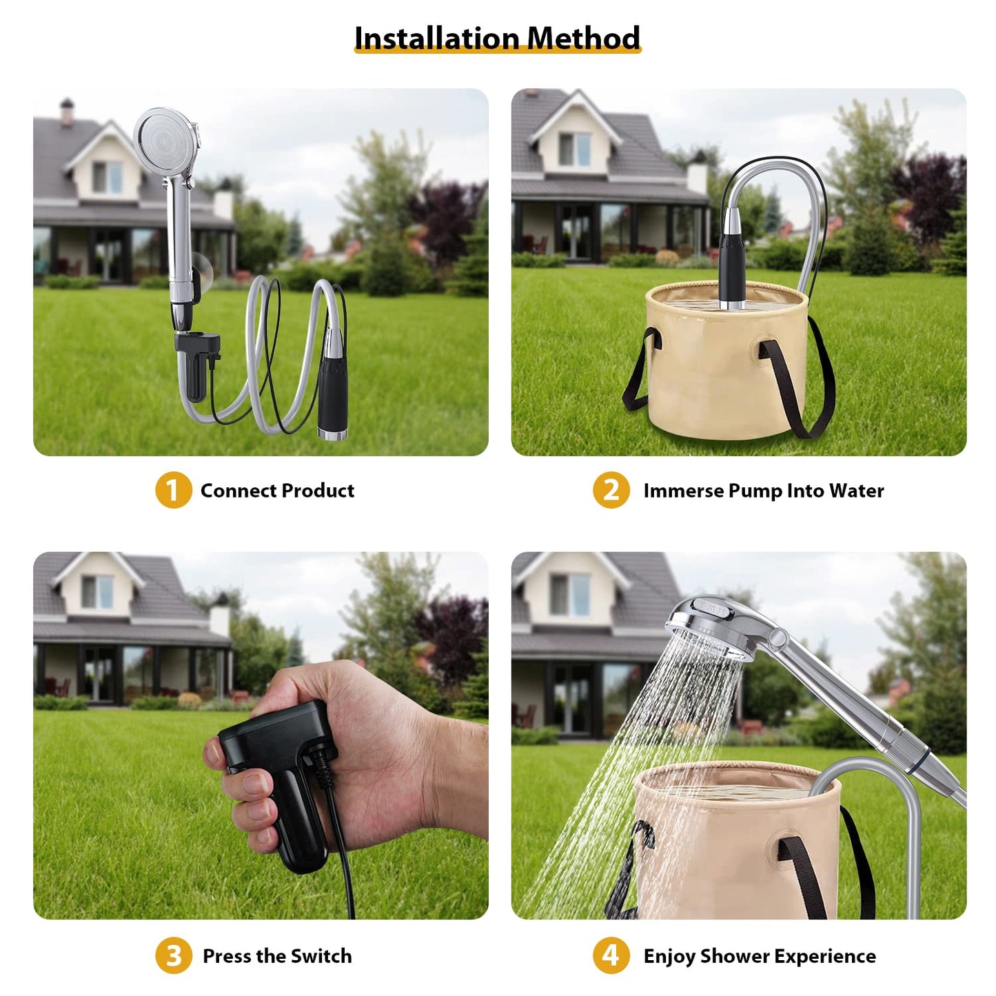 Camping shower with pump, Stouchi Camping Shower Set Battery Camping Shower Outdoor Camping Sink, 2m shower hose, Adjustable water flow, Portable shower, for garden beach camping travel car wash.